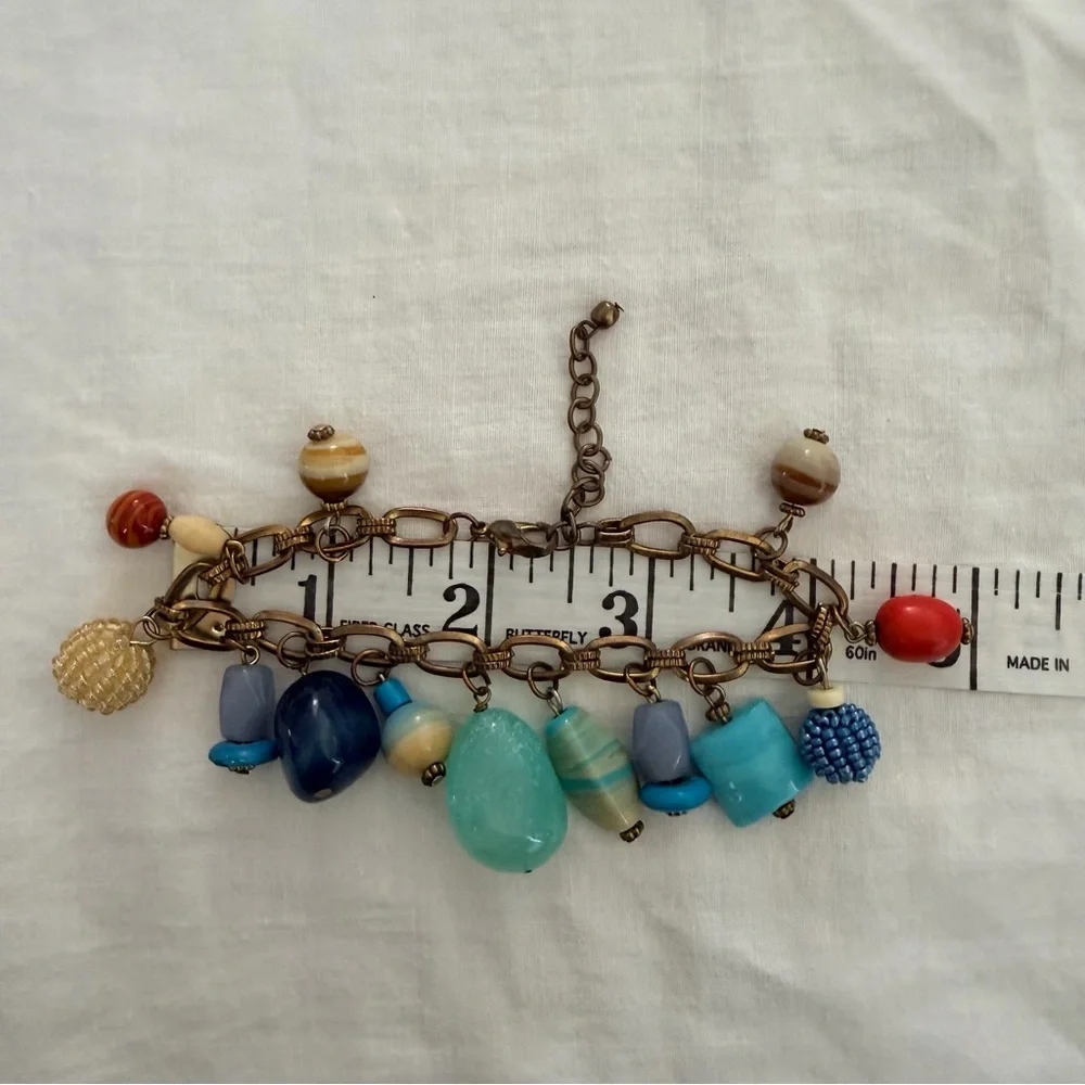 Boho Charm Bracelet Mixed Beads Antiqued Brass Chain Adjustable